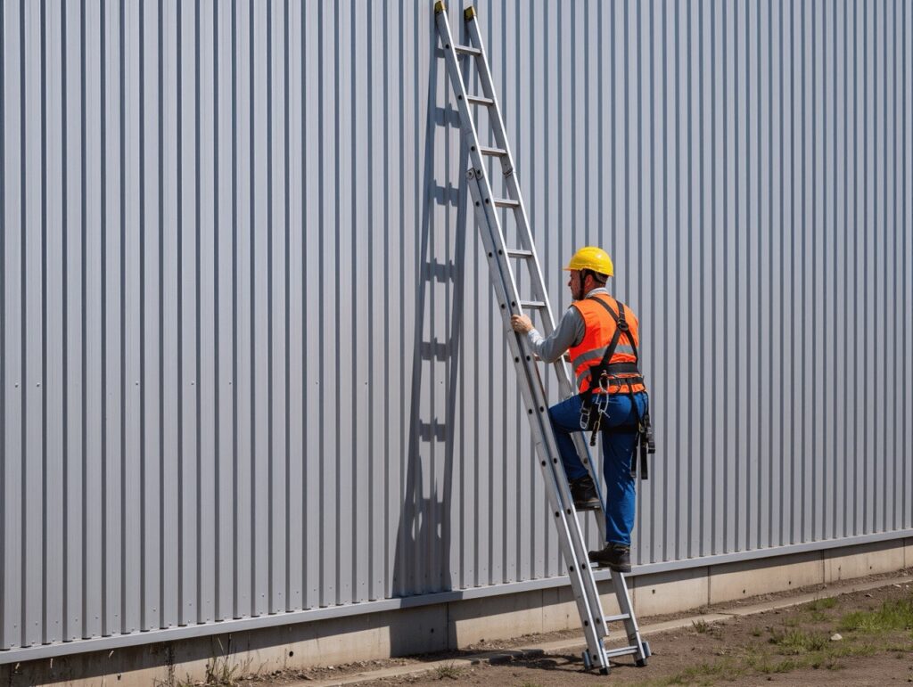 Construction worker climbing ladder on site