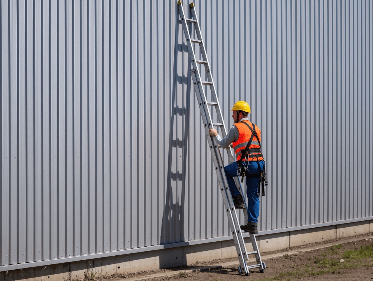 Construction worker climbing ladder on site with fall protection