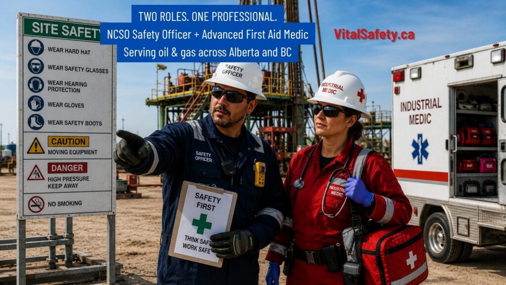 Vital Safety dual-role NCSO Safety Officer and Advanced First Aid Medic in high-visibility PPE standing beside a Mobile Treatment Centre unit on an oil and gas worksite in Alberta